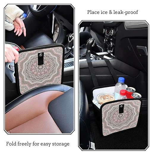 Boho Mandala Pink Car Trash Can, Foldable Hanging Car Trash Bag, Small Waterproof Car Accessories Garbage Bin
