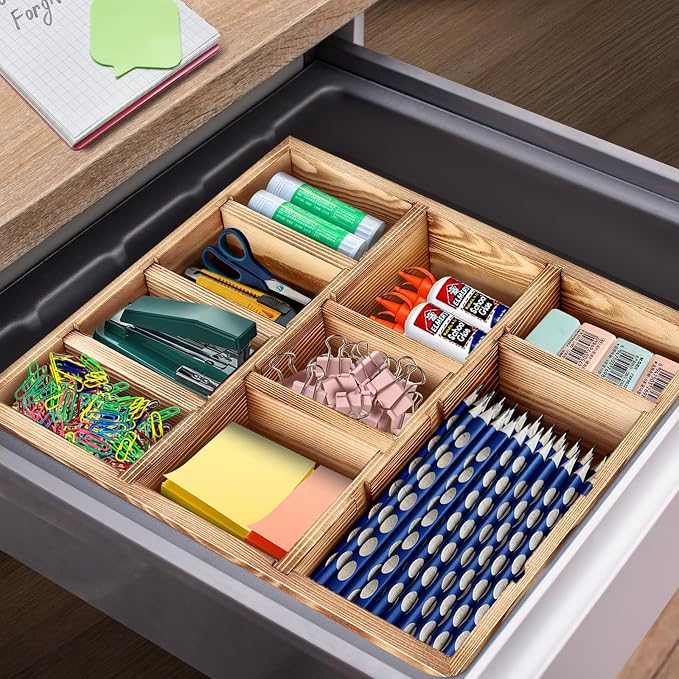 Wooden Desk Drawer Organizer, 9-Slot Office Organization and Storage Box, Adjustable Natural Wood Desktop Tray for Pens, Sticky Notes, and Small Accessories, Aesthetic Home Office Decor (12 x 9 In)