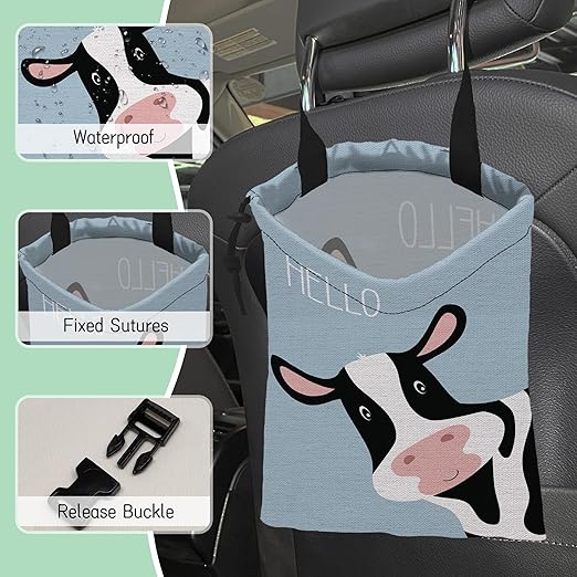 Cute Cow Car Garbage Bag,Waterproof Small Car Trash Bag Hanging Back of Seat,Drawstring Hanging Car Trash Bag with Adjustable Buckle for Car Accessories