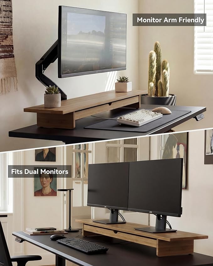 Bamboo Monitor Stand with Large Storage Drawer, 42 Inch Ergonomic Computer Riser for Desk, Screen Shelf with 7 Compartments for Keyboard & Stationery Organization, Dark Bamboo