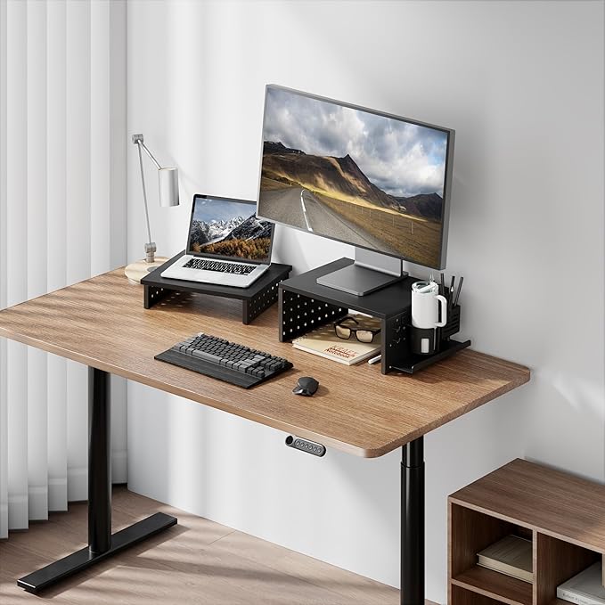 Kantek Pegboard Dual Monitor/Laptop Stand, 2 Ergonomic Platforms, Includes Accessories, Desk Organizer, Black MDF and Metal