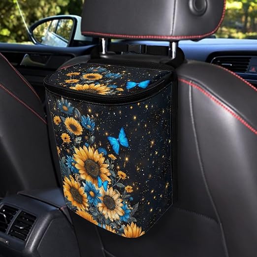 Blue Butterfly Sunflower Print Car Trash Can - Foldable, Automotive Garbage Bin with Leak Proof Hanging Bag