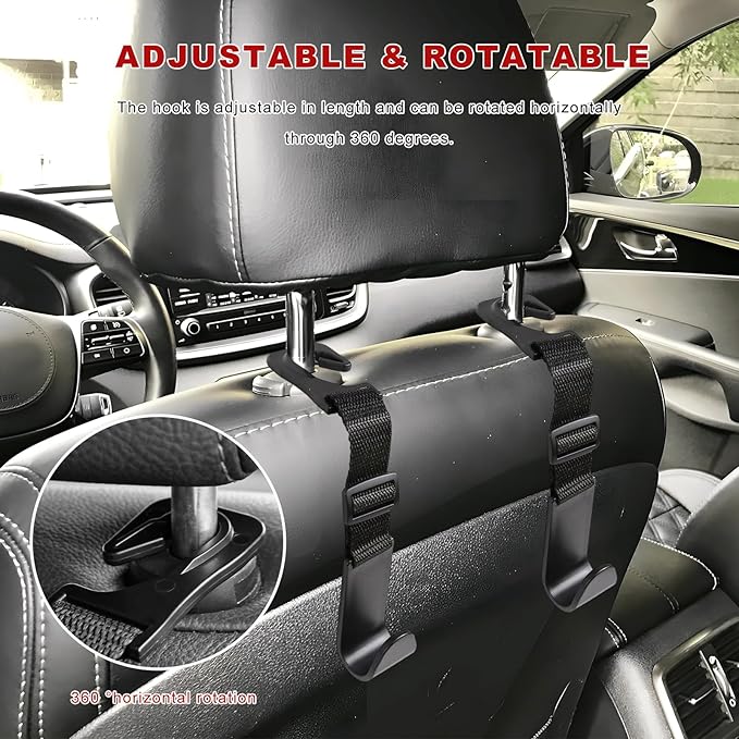 4PCS Car Seat Headrest Hook, Adjustable Vehicle Backseat Hanger Storage Organizer, Universal Seat Back Holder Hooks for Purse Coat Grocery Bag, Car Accessories (Black)