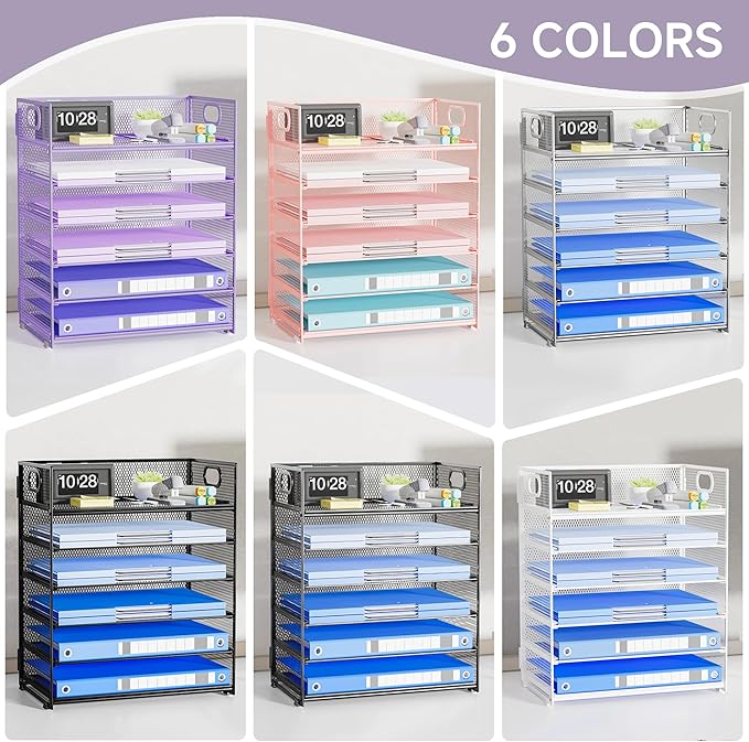 Purple Paper Organizer for Desk with Handle, 6-Tier Metal Mesh File Organizer | Stackable Desktop Organizer for Office Supplies & Stationery Storage