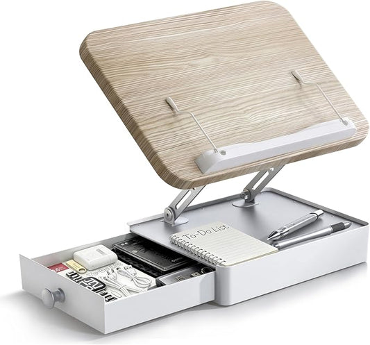 Book Stand with Storage Drawer, Adjustable Wooden Reading Stand for Desk, Ergonomic Height & Angle Book Holder for Textbooks, Cookbooks, Documents (White Ash Finish, 9.8" x 13.8" Large Panel)