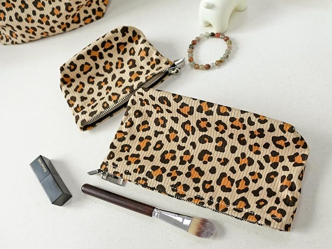HAPPYHEIDI Cheetah Corduroy Makeup Bag Set 3 Cosmetic Toiletry Travel Pouch Purse Organizer, 3-Size, Vintage Brown Leopard