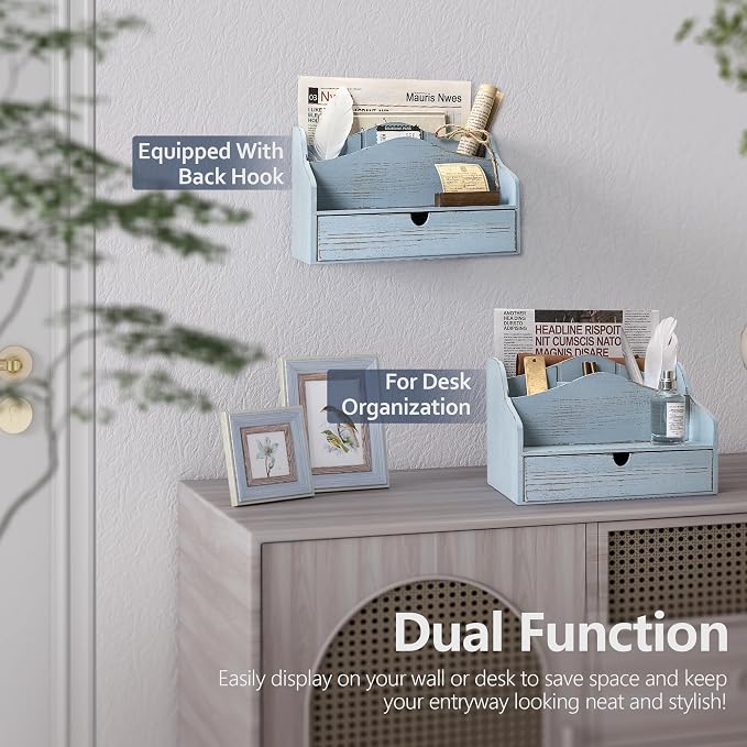 Rebee Vision Pine Wood Mail Organizer for Desk - Vintage Farmhouse Style Mail Organizer with Drawer & Dividers - 4-Slot Paper & Jewelry Sorter, Desktop Organizer for Exquisite Home Decor (Blue)