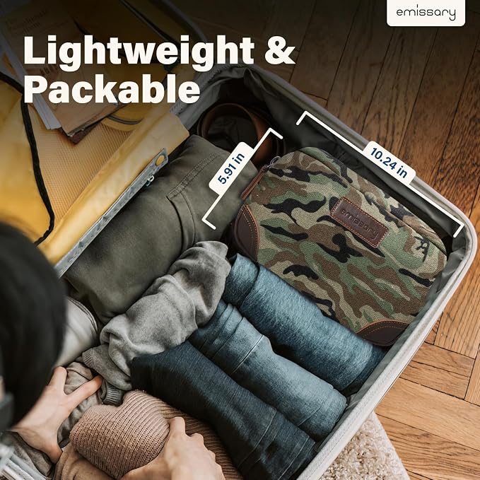 emissary Men's Canvas Travel Toiletry Bag, Leather Dopp Kit - Camo Green | Durable canvas & PU leather, water-resistant lining, side handle; roomy men's Dopp kit for travel & gym