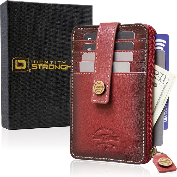 ID Stronghold RFID Blocking Front Pocket Wallet – Slim Minimalist Genuine Leather Wallet with Zipper Coin Pocket (Mega Red)