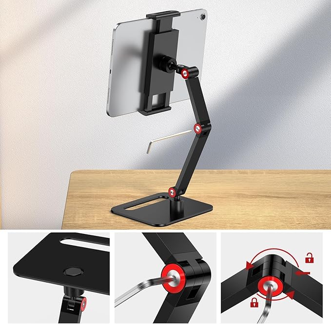 UPERFECT Adjustable Tablet Stand, 360° Swivel & 180° Tilt, Foldable Arm Holder for 4.7??.87'' Telescopic Clamp, Compatible with ??8.5'' Monitor/iPhone/iPad/Tablet, Aluminum Alloy, Black
