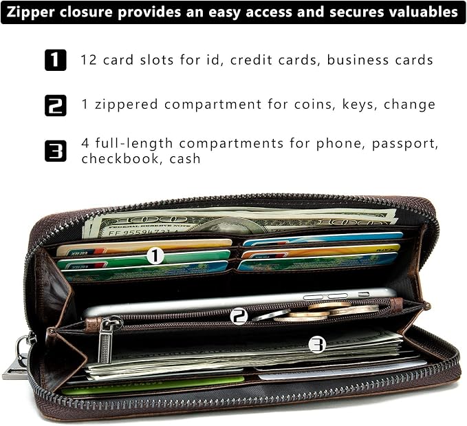 NIUCUNZH Genuine Leather Cool Long Wallets for Men Personalized Zip Around Wallet Checkbook Cash Credit Card Holder Wallet Coffee