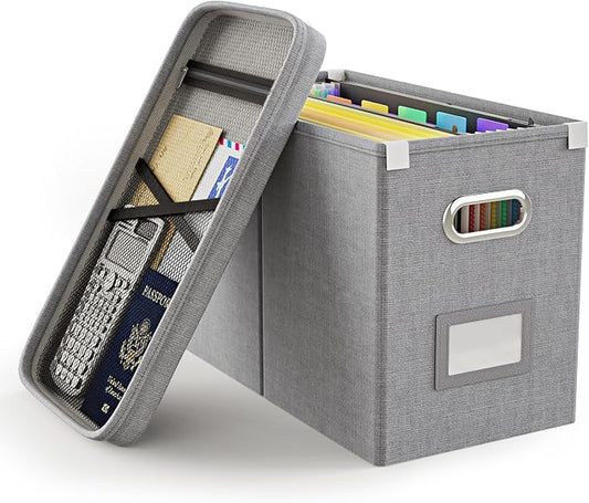 Oterri File Organizer Box with Lid, Hanging Filing File Box with Mesh Pocket, Document Organizer Box for Letter Files, Portable Storage Box with Smooth Sliding Rail for Office&Home(1 PCS, Grey)