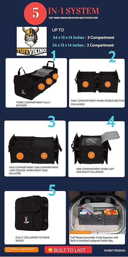 Tuff Viking Convertible Large 3 Compartment SUV Trunk Organizer with Cover | Truck Bed Organizer | for Trucks, Cars, SUVs and Groceries with Tie Down Straps. (5 in 1, Black)