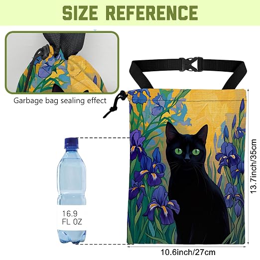 Car Garbage Bag Black Cat Purple Iris Floral Hanging Canvas Car Trash Bag Waterproof Drawstring Car Back Seat Organizer for Car Back Front Seat Console with Adjustable Buckle