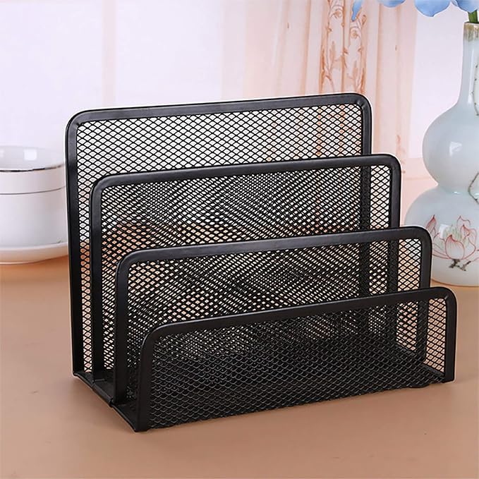 VANRA 2 Small Letter Sorters Desktop Envelopes Holder Organizer Metal Mesh with 3 Vertical Upright Compartments (2 Black)