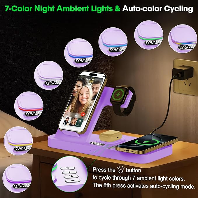 Dual Phone Wireless Charging Station for Apple Devices, Magnetic Charging Station for iPhone with Auto Switch 7-Color Light&Clock,Family Watch Charger for iPhone17 for iWatch11for AirPods Pro3(Lilac
