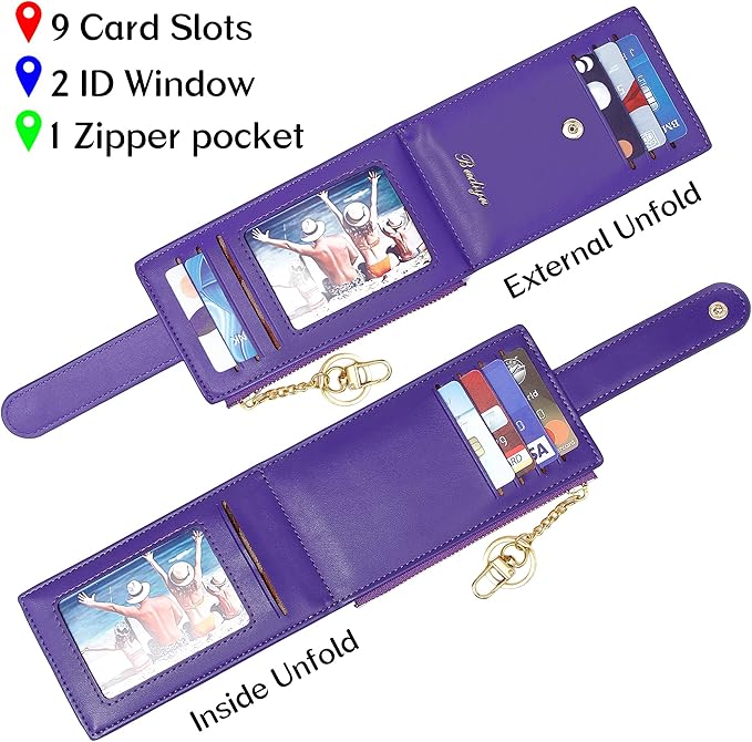 Badiya Slim Women Wallet RFID Blocking Bifold Compact 9 Card Slots Holder Wallets Soft Leather with Zipper Coin Pocket 2 ID Window