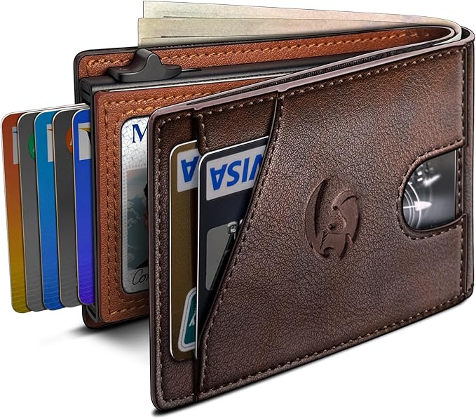 Wallet for Men, Slim Pop Up Card Holder with RFID Blocking, Minimalist Bifold Wallet with 9 Card Slots, ID Window and Cash Pocket, Metal Flip Case with Magnetic Closure, Gift Box