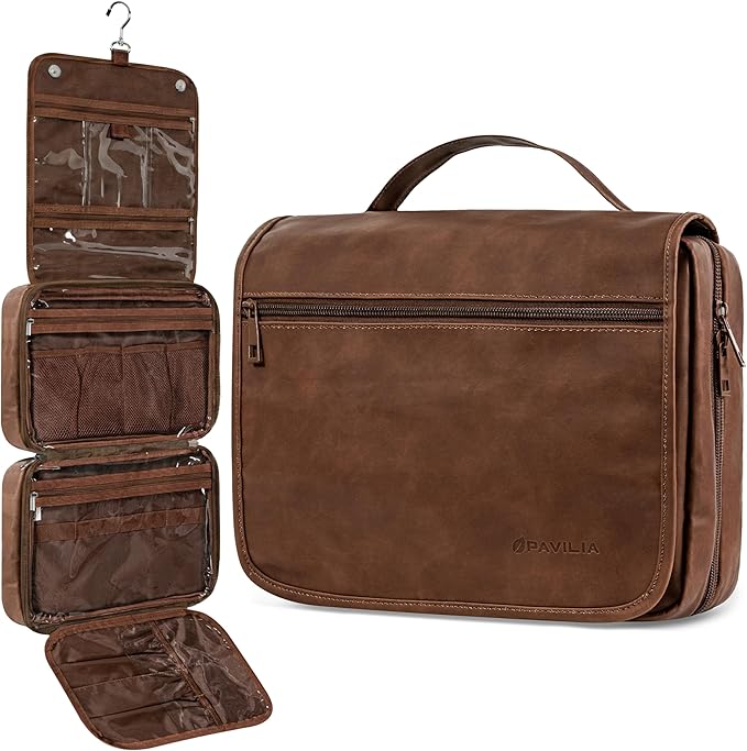 PAVILIA Hanging Toiletry Bag Women Men, Foldable Cosmetic Organizer Travel Bag, Water Resistant Makeup Bag Toiletries, Large Travel Essentials Kit (Dark Brown)