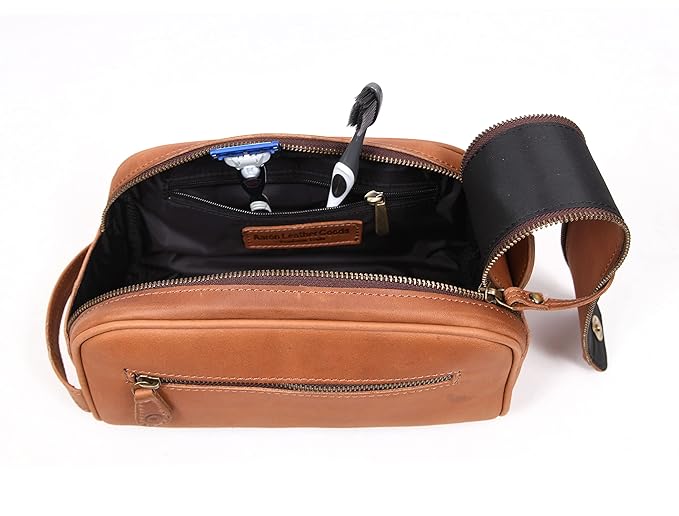 10" Premium Leather Toiletry Travel Pouch With Waterproof Lining | King-Size Handcrafted Vintage Dopp kit By Aaron Leather Goods (Buckthrown Brown)