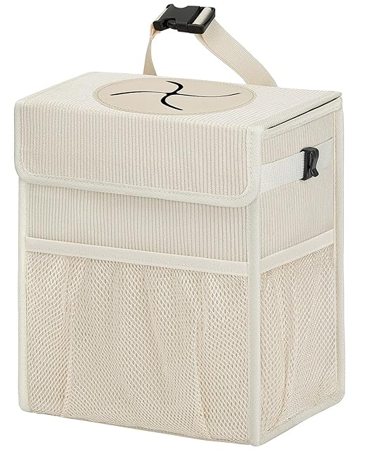 Corduroy Car Trash Can with Lid and Mesh Pockets - Leakproof Organizer,Multipurpose Waterproof Garbage Can/Trash Bin for Car(Off-White-2 Gallons)