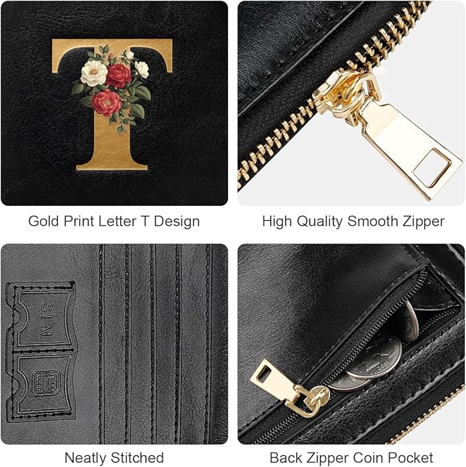 Passport Holder Cover Wallet with Zipper Personalized Initial Letter T Rose Flower RFID Blocking Travel Wallets Credit Cards Holder for Women, Gift for Wife and Girlfriend,T