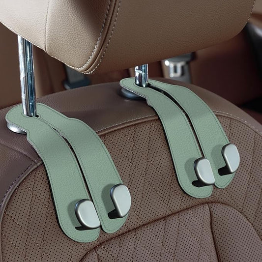 CoBak Purse Hook for Car - Universal Premium Stitched Leather and Aluminum-Magnesium Alloy Double Car Seat Back Storage Hook for Purses, Handbags, Bags (2 Pack),SageGreen