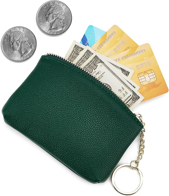 WOZEAH Artificial Leather Coin Purse Change Purse With Key Chain Ring Zipper For Men Women (A Green)