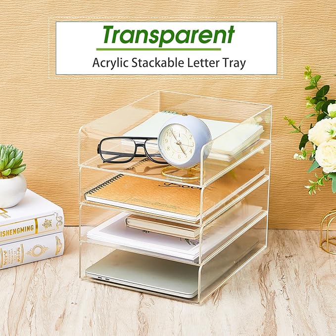Harloon 4 Tier Paper Organizer Letter Tray Acrylic Desk File Organizer Stackable Documents Letter Clear Paper Holder Sorter Office Tray for A4, Modern Office Classroom Home File Pad Books Notes