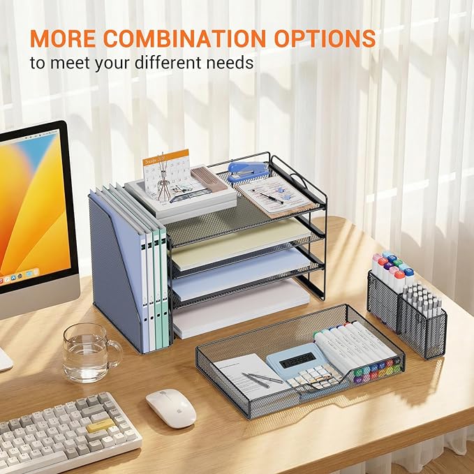 OPNICE Desk Organizers and Accessories, 4-Tier Workspace Desktop File Organizer with Drawer & Pen Holder, Paper Tray Organizer with File Holder, Office Desk Accessories for Home Office Supplies, Black