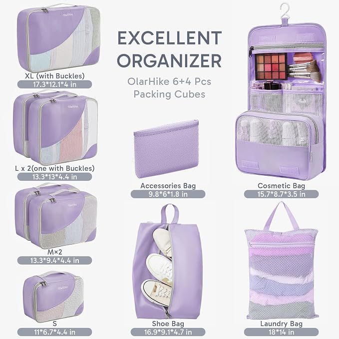 OlarHike 10 Set Packing Cubes for Travel, Gifts for Women Mom,Anti-Tearing Suitcase Organizer with Over 1000 pcs Mesh Holes,Vacation Essentials & Accessories for Cruise Ship