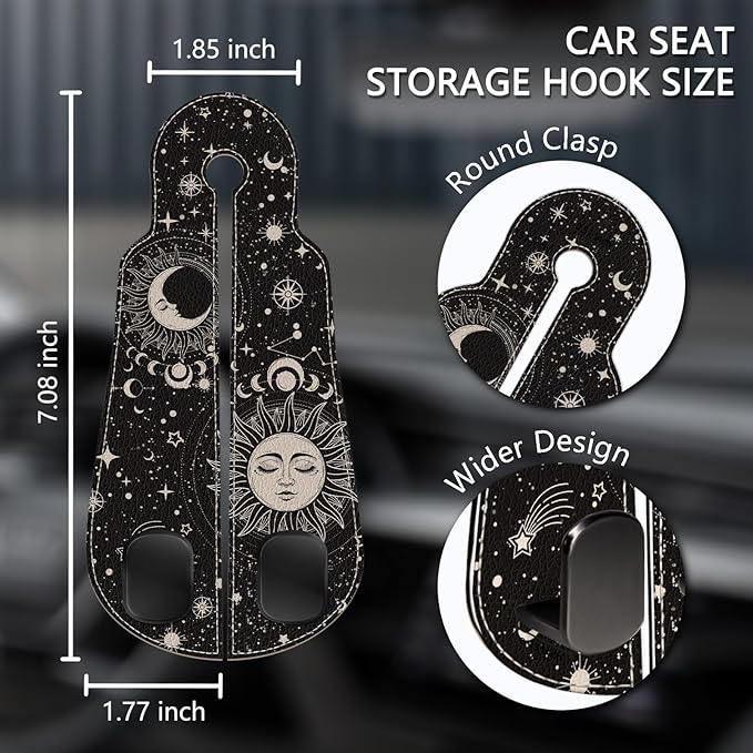 Blusabaca 2PCS Car Seat Back Storage Headrest Hooks, Sun and Moon Purse Holder Bags Hanger, PU Leather Double Metal Hook for Backseat Organizer, Women Car Accessories Organization