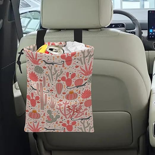 Car Trash Bag Hanging Cacti and Lizards Car Trash Can Waterproof Garbage Bag Hanging for Car Back Seat with Adjustable Straps and Drawstring for Car Accessories Vehicle Travelling