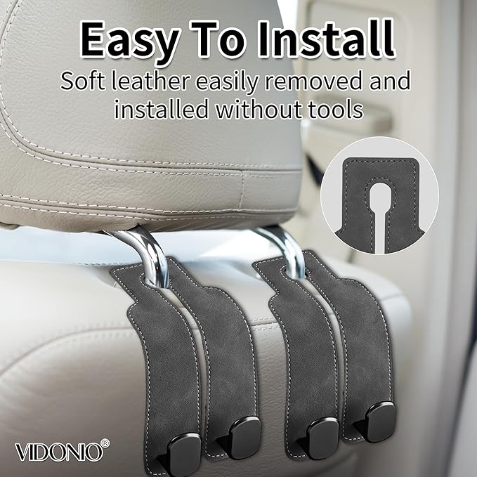 vidonio 2 Pack Double Car Seat Hooks for Headrest, Rotatable Purse Holder for Car, Premium Leather Car Hooks for Purses and Bags, Headrest Hooks and Storage Accessories (Grey)