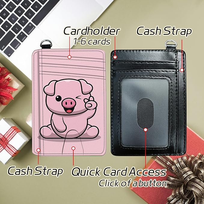 Small Travel Wallets, Pink Pig Slim Minimalist Front Pocket Wallet with Wristlet, RFID Blocking PU Leather Credit Card Holder with ID Window Change Purse for Men Women