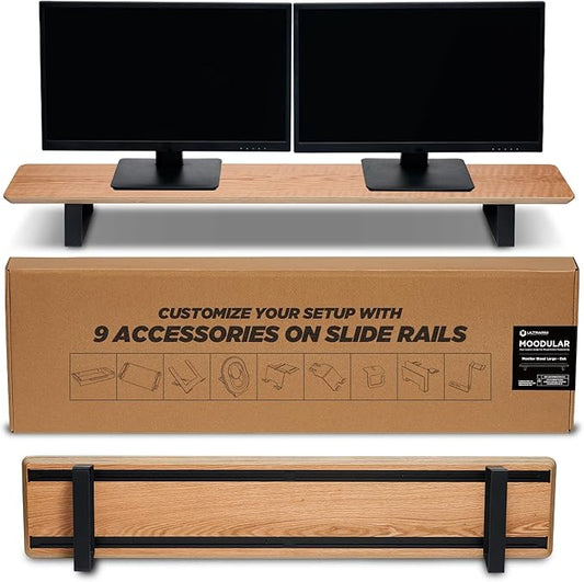 ULTRARM Moodular Wooden Monitor Stand 45.6??(116cm) Large Desk Organizer with Metal Slide Rails for Drawer, Tray, Laptop, Tablet, Phone & Headphones Customizable Riser for Organized Workspace Oak