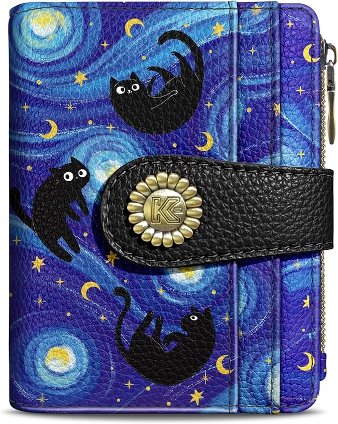 Kelvoris Black Cat Bohemian Vintage Small Rfid Women Wallet Bifold Zipper Coin Pocket PU Leather Compact Cash Credit Card Holder Travel Wallet for Female Ladies Teen Girls 1 ID Window 10 Card Slots