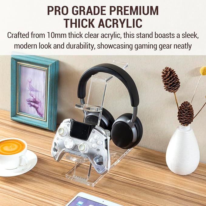 MyGift Premium 10mm Thick Clear Acrylic Gaming Headphone Headset Stand with 2 Controller Holder, Tabletop Universal Storage Rack for Game Accessories