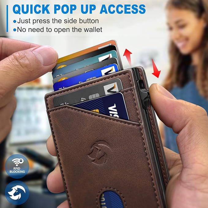 Wallet for Men, Slim Pop Up Card Holder with RFID Blocking, Minimalist Bifold Wallet with 9 Card Slots, ID Window and Cash Pocket, Metal Flip Case with Magnetic Closure, Gift Box