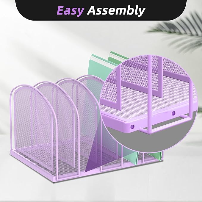 SUPEASY File Organizer 5-Section Mesh Desk Organizer, Upright File Organizer Desktop Organizer File Sorter, File Folder Holder for Office Supplies, Purple