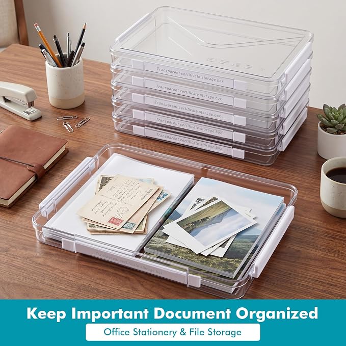 Novabright 5 Pack Clear Plastic File Boxes with Handle Portable Project Case Storage Bin with Lid Transparent Stackable Container Document Magazine Protector for A4 Paper Photo Scrapbook (White)