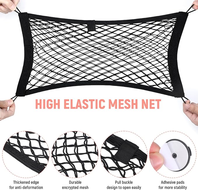 3pcs Small Cargo Net Pocket Elastic Mesh Netting 25inx9.25 Inch Stretchable Automotive Cargo Net Storage Pouch with Metal Hook and Screws Universal for Trunk RV Boats SUV