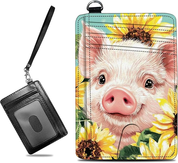 Small Travel Wallets, Pig Sunflowers Slim Minimalist Front Pocket Wallet with Wristlet, RFID Blocking PU Leather Credit Card Holder with ID Window Change Purse for Men Women