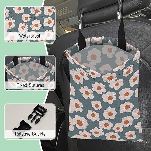 Groovy Flowers Car Garbage Bag,Daisy Waterproof Small Car Trash Bag Hanging Back of Seat,Drawstring Hanging Car Trash Bag with Adjustable Buckle for Car Accessories