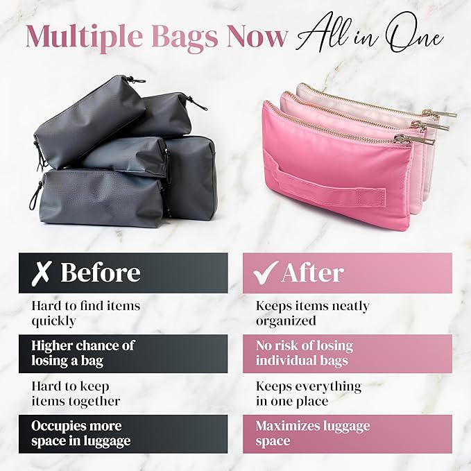 BOBBIE Accordion Travel Makeup Bag, Large Capacity Cosmetic Bags for Women, Durable & Compact Make up Organizer, Lightweight & Portable Zipper Pouch, Water-Resistant Toiletry Bag with 3 Compartments