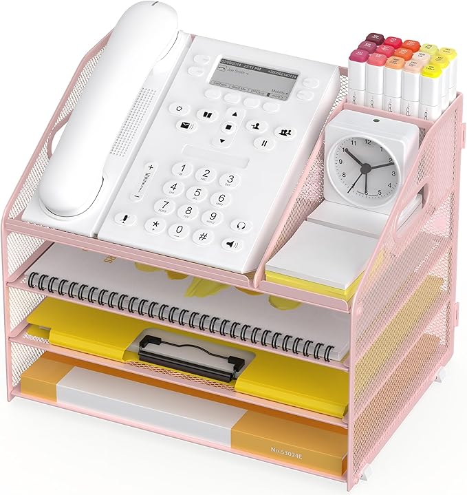 Letter Tray Paper, 4 Tier Desk Organizer with Pen Holder and Handle, Mesh File Organizer Paper Sorter Metal Desktop Document Shelf for Office Home Classroom - Pink