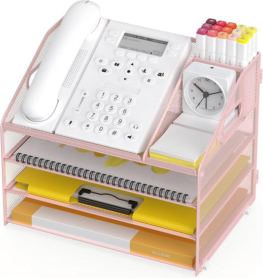 Letter Tray Paper, 4 Tier Desk Organizer with Pen Holder and Handle, Mesh File Organizer Paper Sorter Metal Desktop Document Shelf for Office Home Classroom - Pink