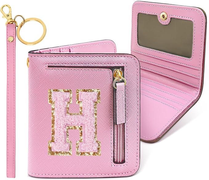 COSHAYSOO Top Popular Preppy Stuff Girly Wallet Slim RFID Bifold Cute Things Girls Christmas Graduation Easter Gifts for Big Little Sister Chenille Letter H Pink