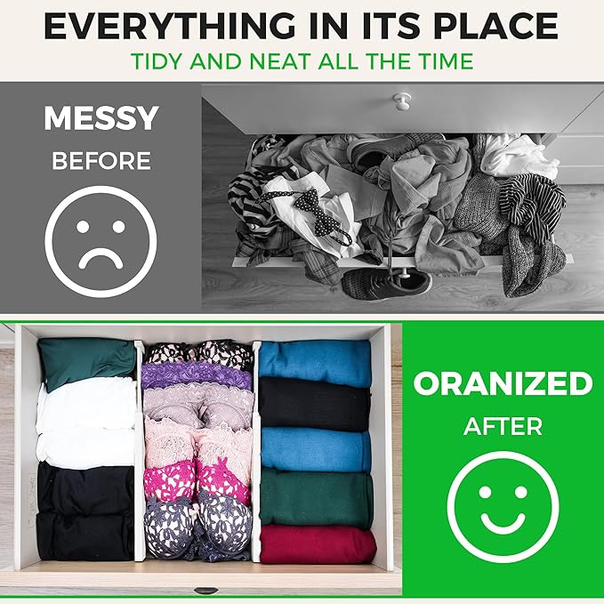 4 Pack Bamboo Drawer Dividers Organizer with Inserts 2.6'' High, Expandable from 12.5-21.7", Adjustable Drawer Organizer Separators for Utensils, Clothing, Office, Dresser, Bedroom, (White)
