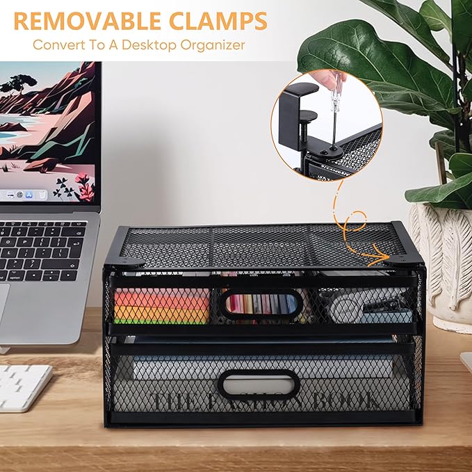 Sliding Under Desk Drawer Organizer No Drilling 2 Drawers Slide Out Desktop Or Under Table Storage Metal Clamp On Desk Drawer Attachment Anti-Slip Under Desk Organizer for Home & Office